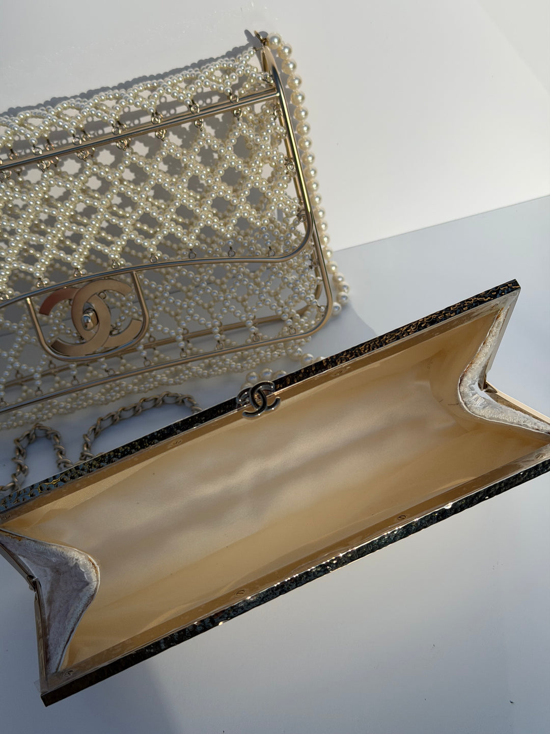 Chanel 2014 Pearl Embellished Caged Flap Minaudière Bag