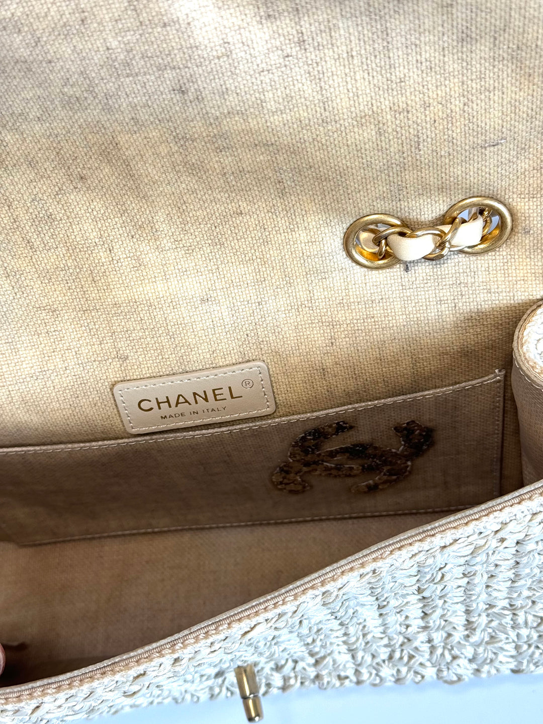 Chanel Raffia Crochet Flap Tan Matte Gold Hardware 18C