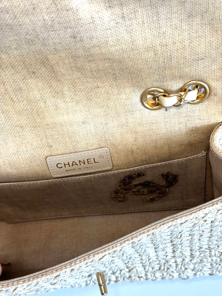 Chanel Raffia Crochet Flap Tan Matte Gold Hardware 18C