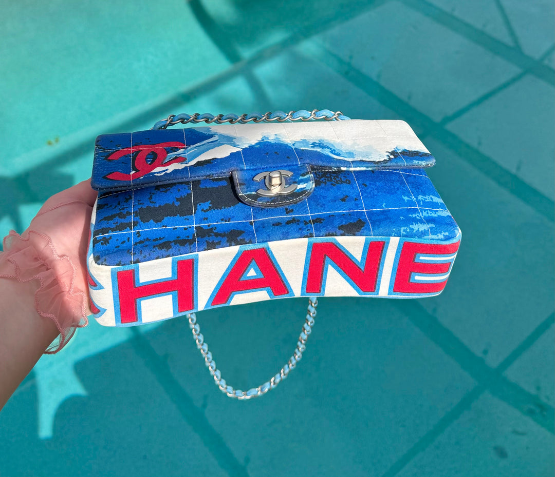Chanel Surf Line Choco Bar Flap Blue Canvas Silver Hardware 2002