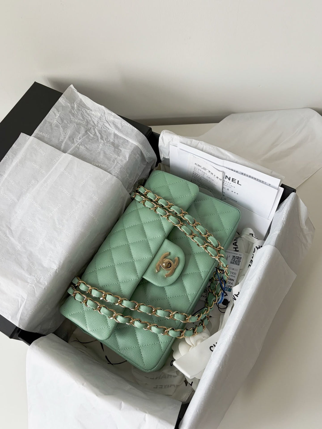 Chanel Small Classic Double Flap Caviar Green Light Gold Hardware 2023
