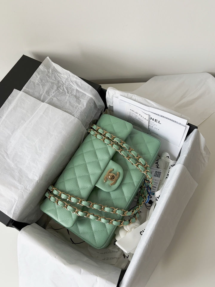 Chanel Small Classic Double Flap Caviar Green Light Gold Hardware 2023