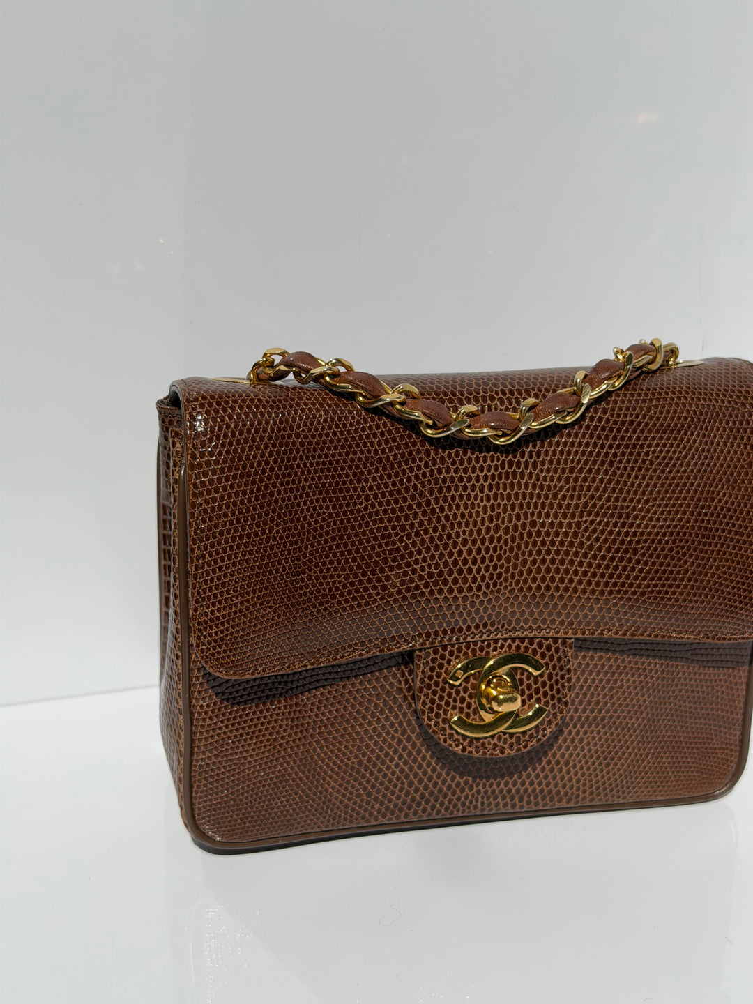 Chanel Brown Vintage Lizard Mini Square Flap Bag 24K Plated Gold Hardware 1986
