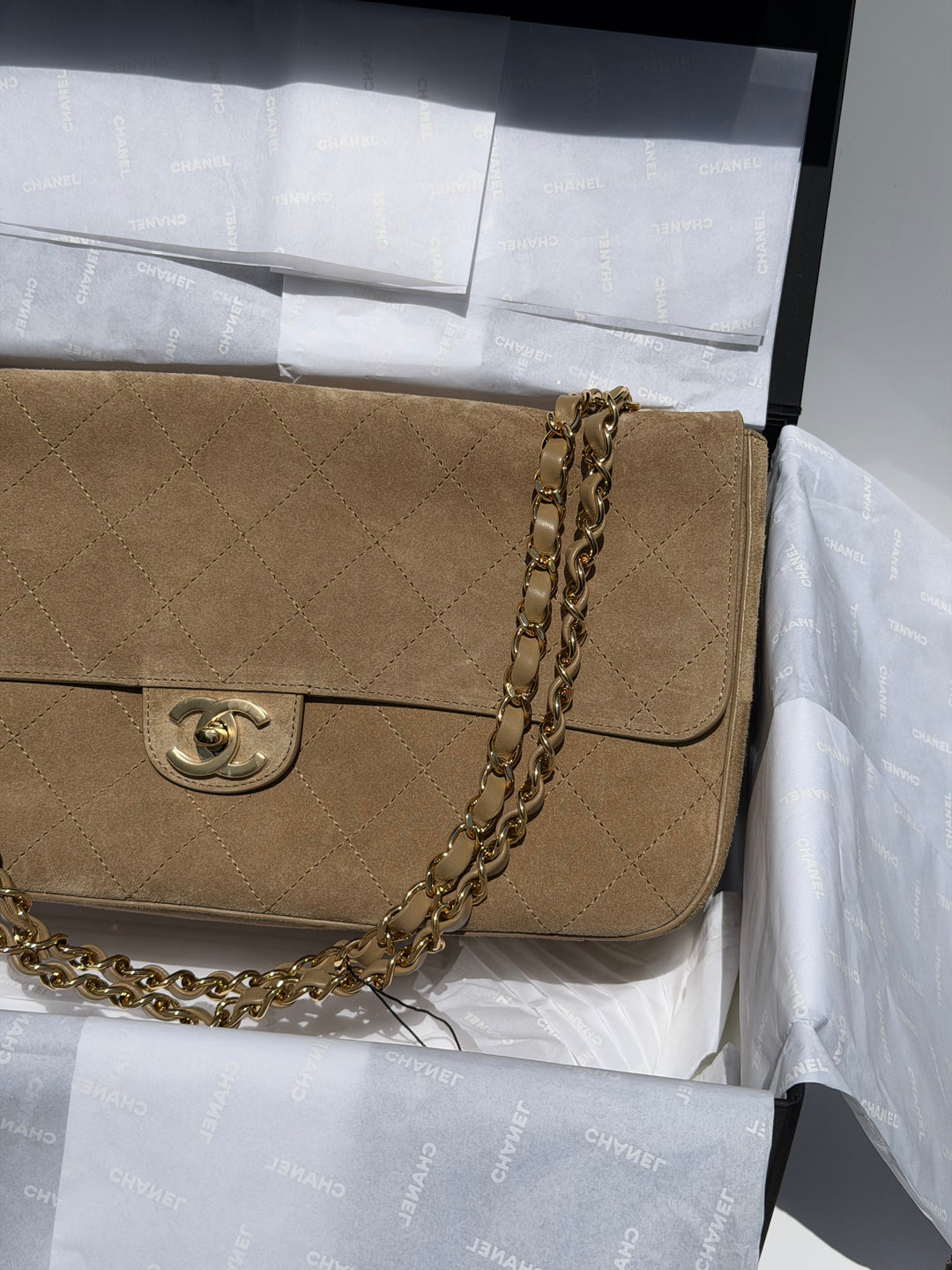 Chanel Maxi Flap Bag Beige Souplissimo Suede Calfskin Gold Tone Hardware 2026