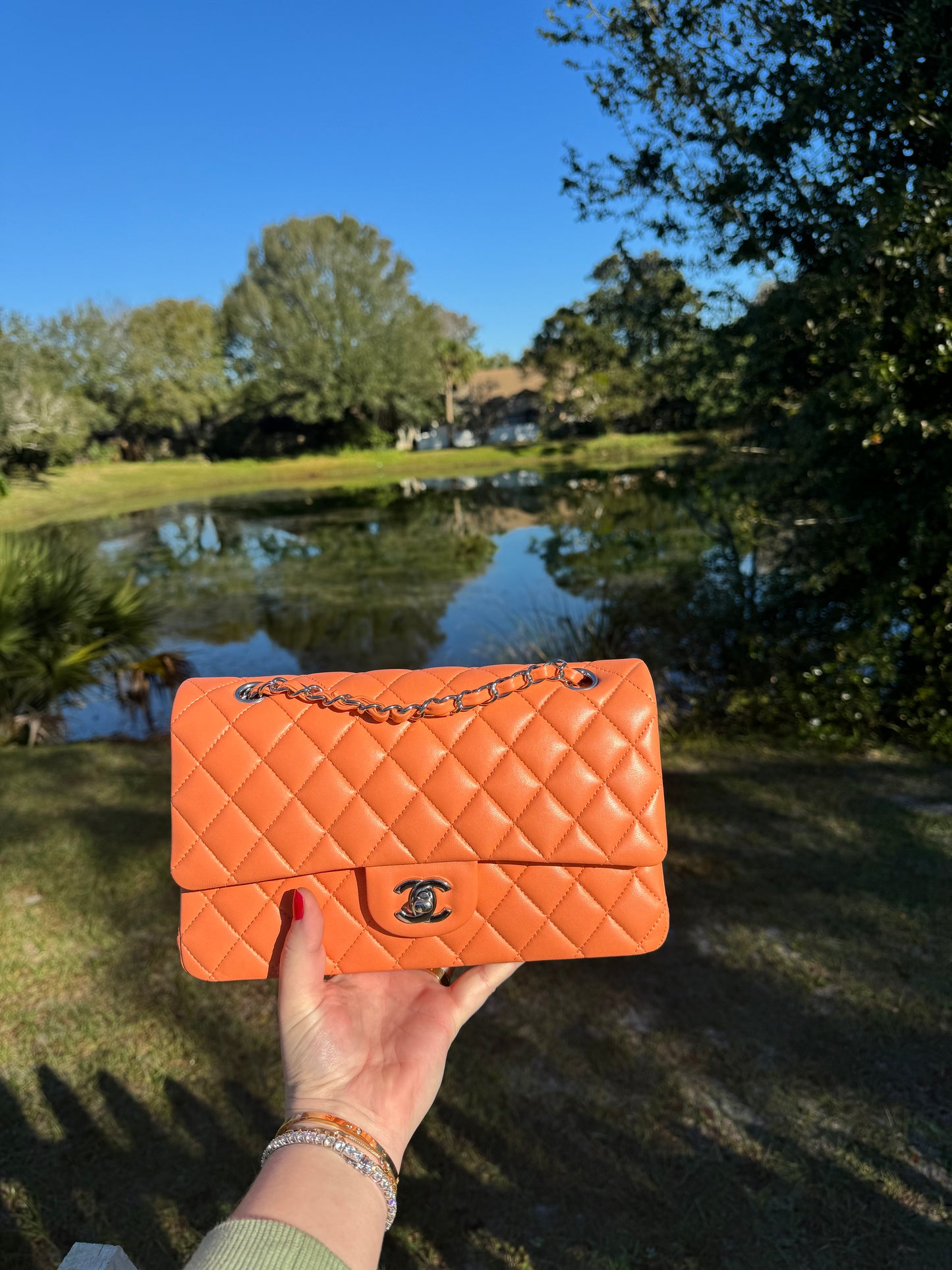 Chanel 21S Orange Neon Lambskin Medium Flap Bag