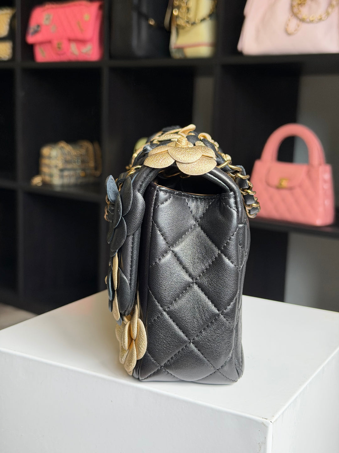 Chanel Metallic Gold and Black Lambskin Camellia Rose Appliqué Medium Flap Bag