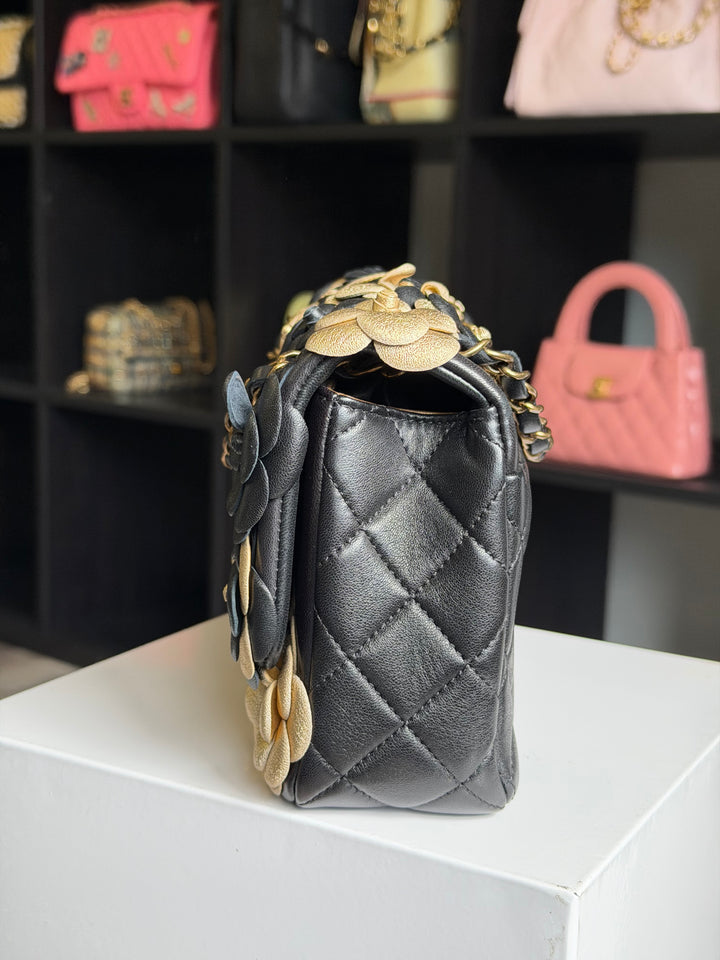 Chanel Metallic Gold and Black Lambskin Camellia Rose Appliqué Medium Flap Bag