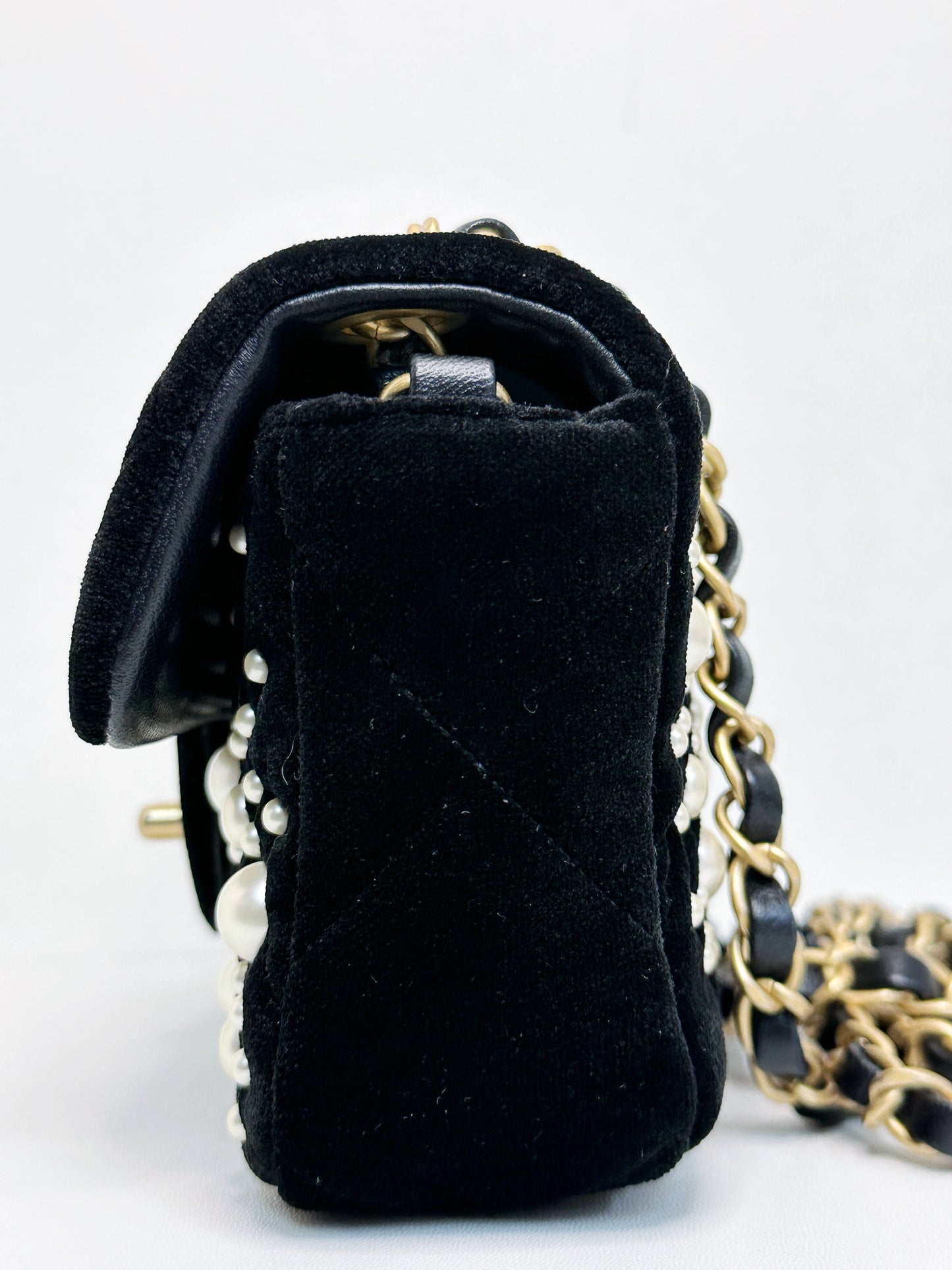 Chanel Black Velvet Mini Pearl Flap Bag