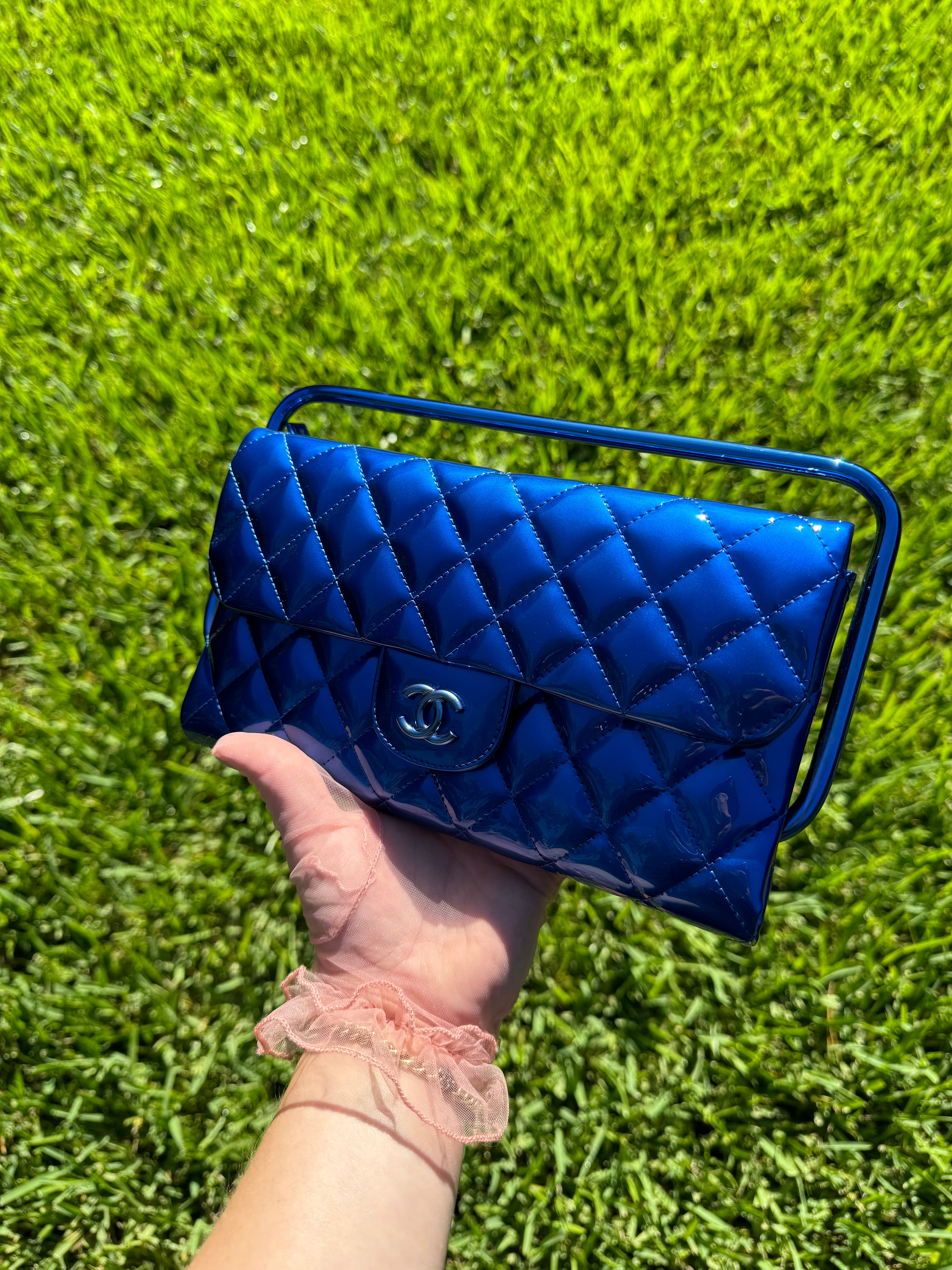 Chanel Classic Flap Patent Metallic Blue Frame Clutch – Its A Luv