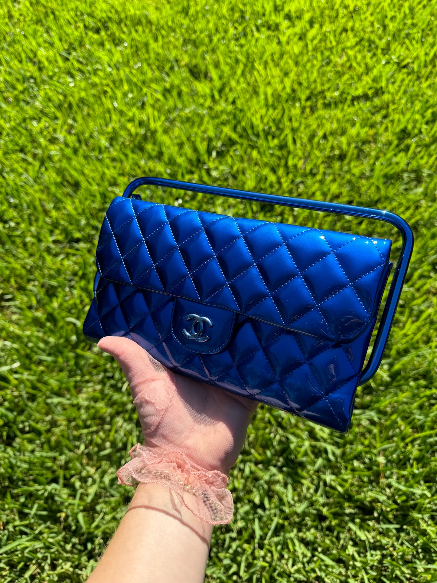 Chanel Classic Flap Patent Metallic Blue Frame Clutch