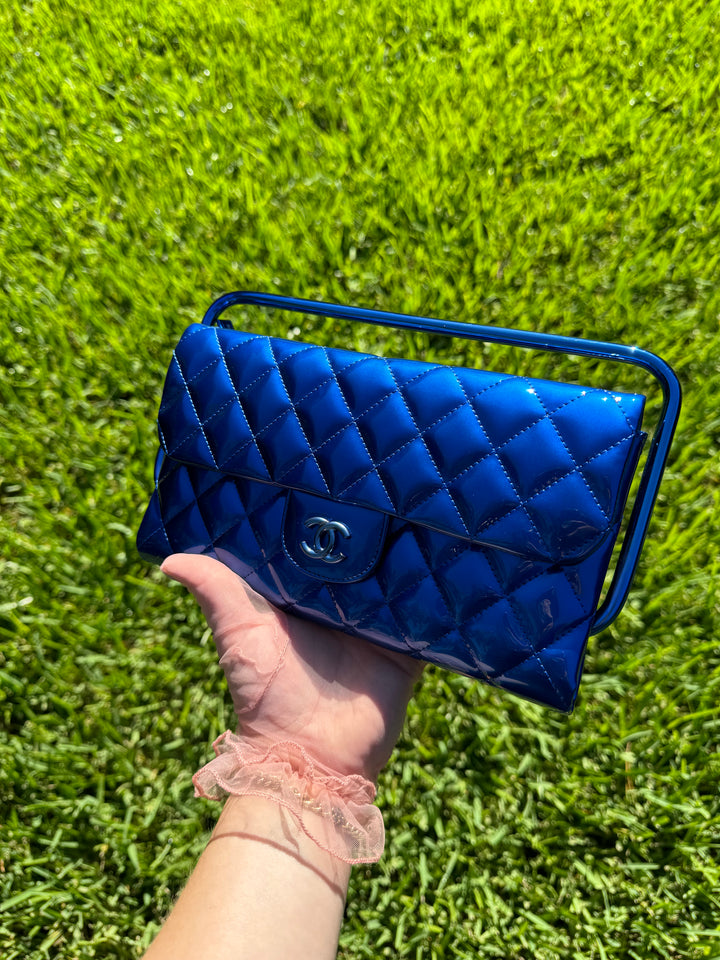 Chanel Classic Flap Patent Metallic Blue Frame Clutch