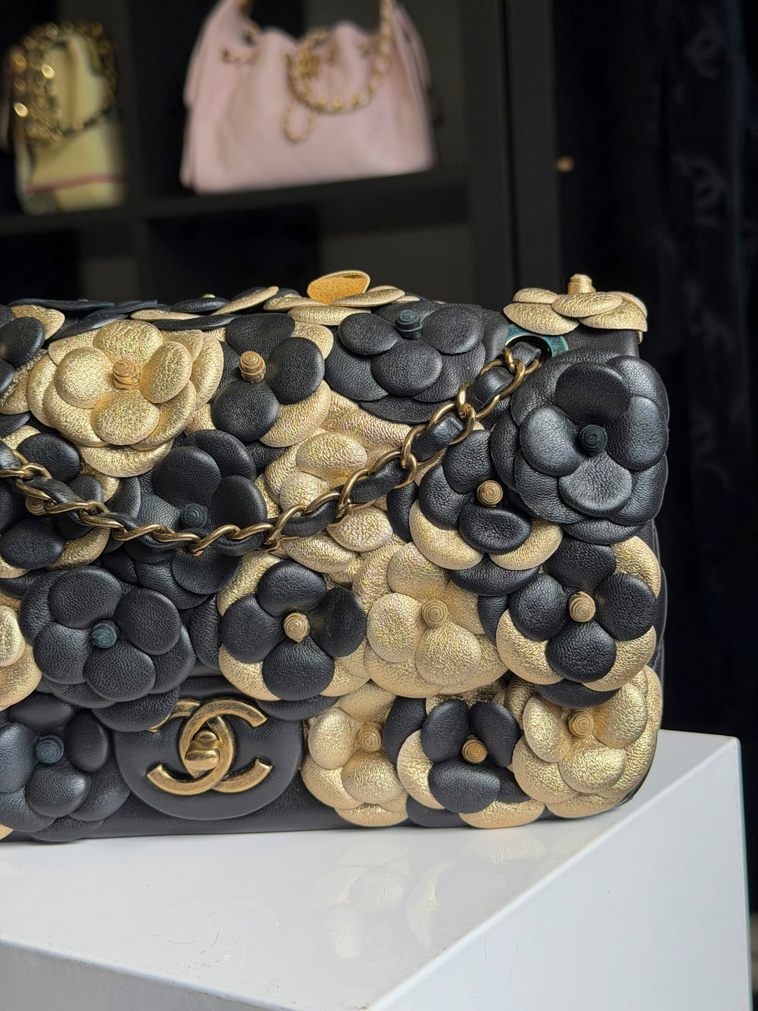 Chanel Metallic Gold and Black Lambskin Camellia Rose Appliqué Medium Flap Bag