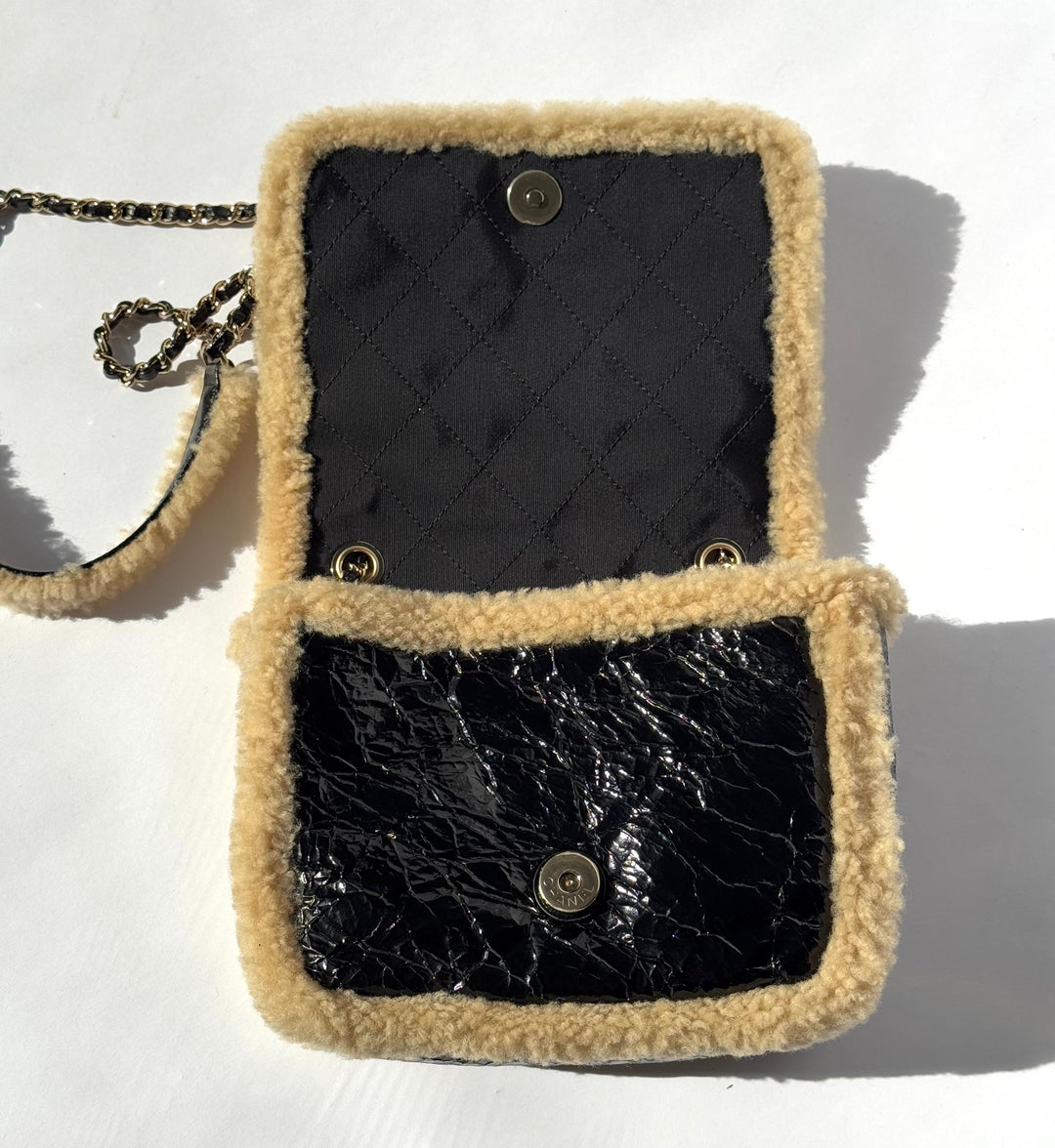 Chanel Black Shiny Crumpled Sheepskin and Shearling Mania Flap