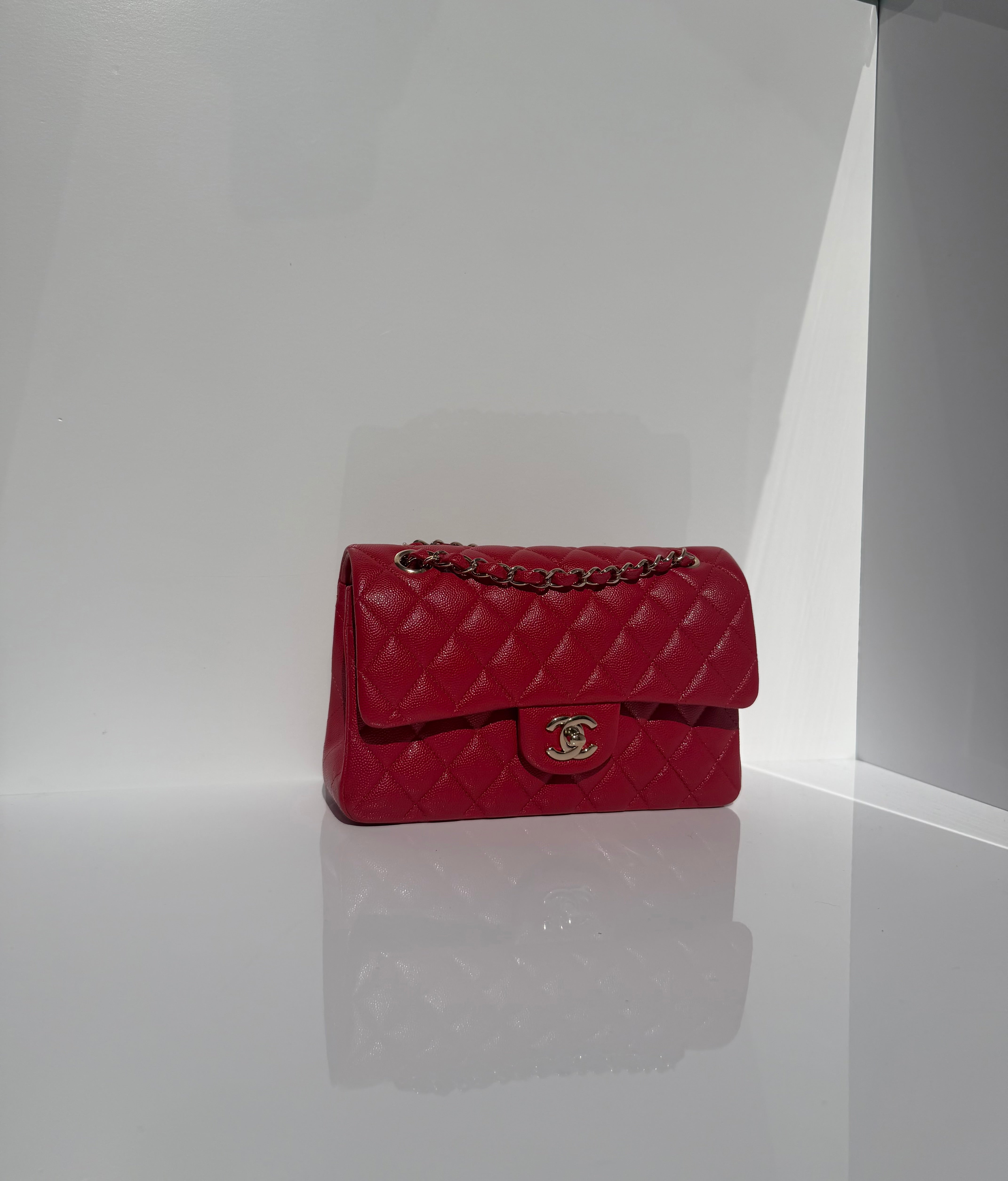 Chanel Small Double Flap Bag Caviar Leather Red Light Gold
