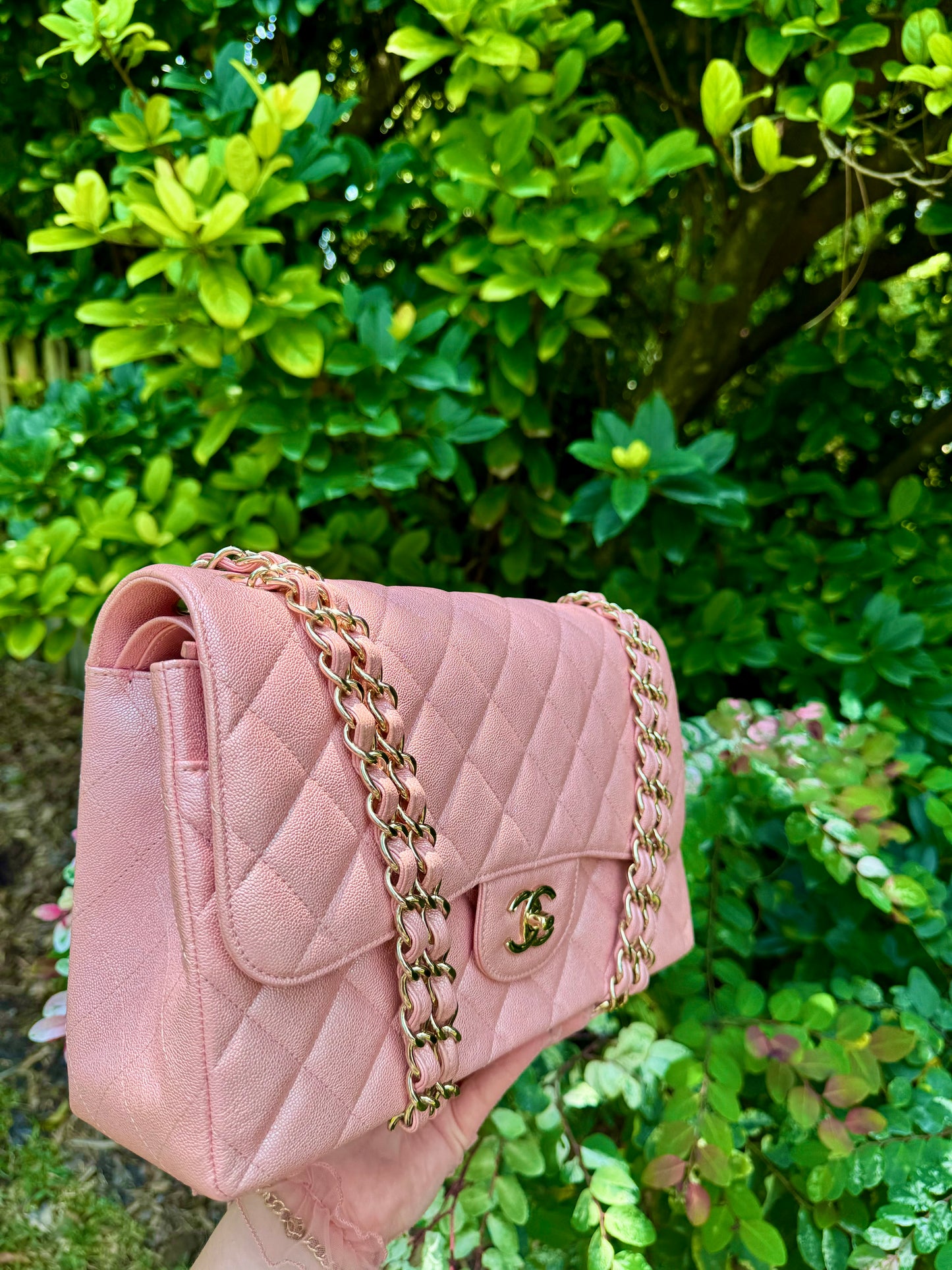 Chanel 19S Pink Iridescent Jumbo Caviar Double Flap Bag