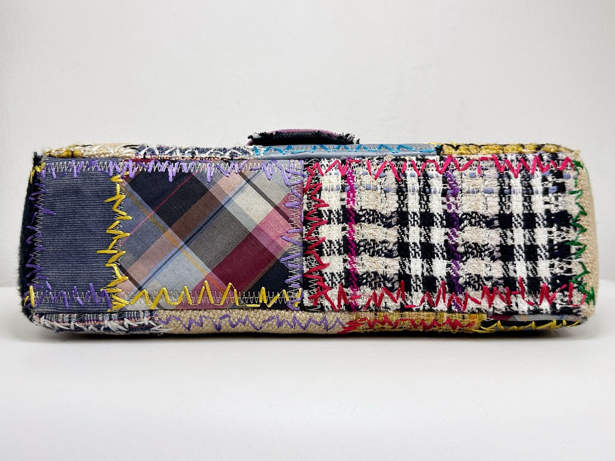 Chanel Jumbo Single Flap Patchwork Multicolor Tweed Silver