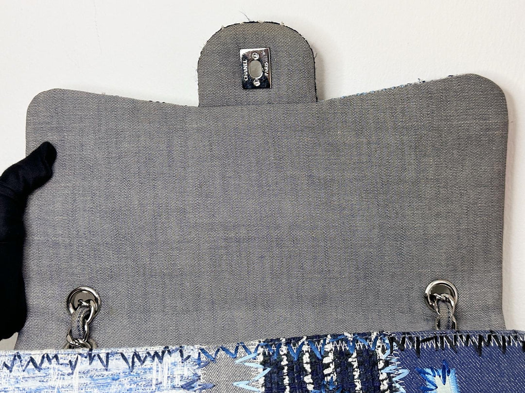 Chanel Jumbo Single Flap Patchwork Denim Blue Tweed Textile Leather Silver Hardware 2015
