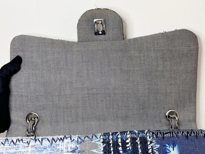 Chanel Jumbo Single Flap Patchwork Denim Blue Tweed Textile Leather Silver Hardware 2015