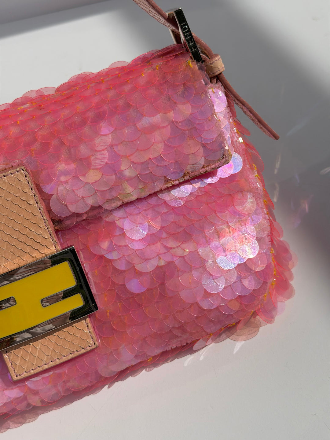 Fendi Pink Sequin Baguette Python Trim Silver Hardware 1998