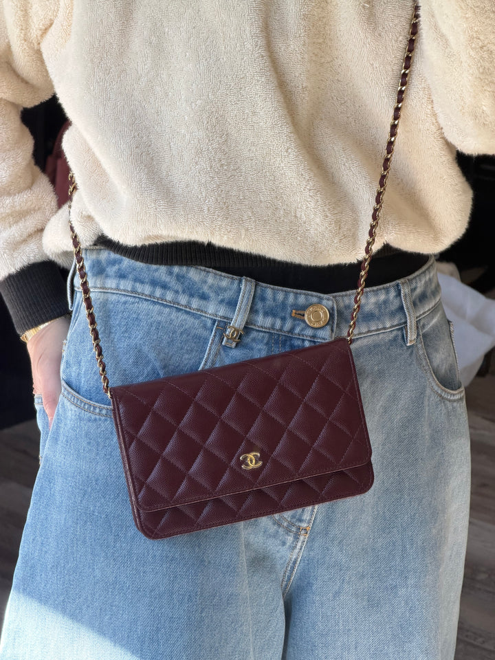 Chanel Wallet on Chain Burgundy Caviar Leather Light Gold Tone Hardware 2023