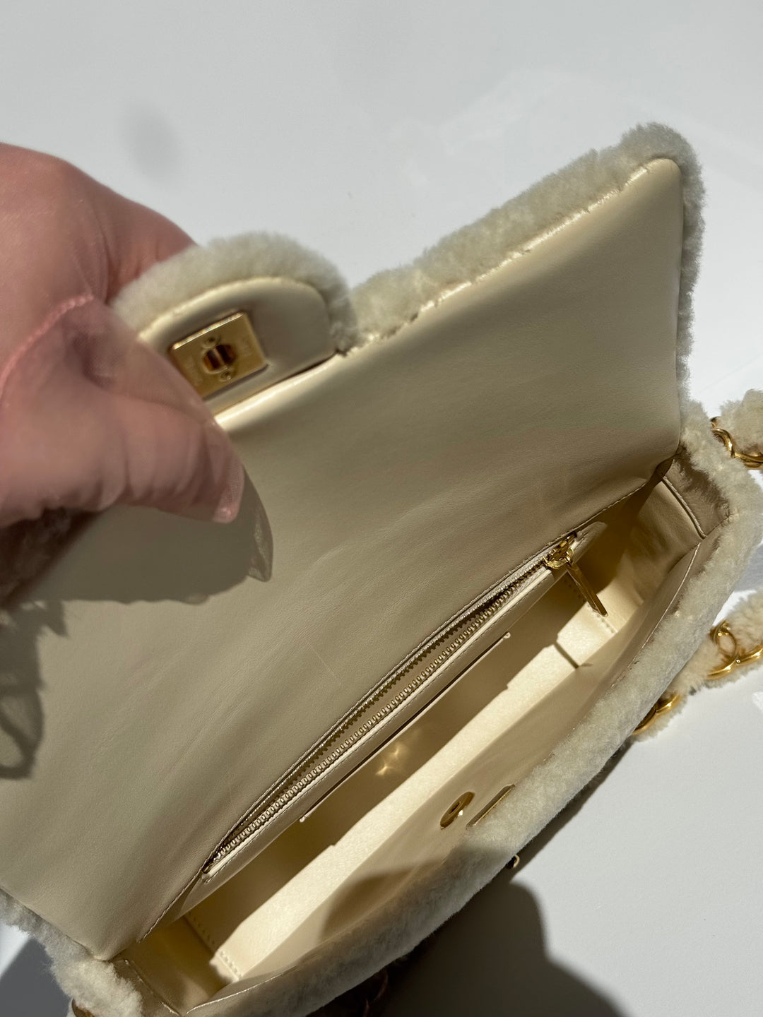 Chanel Ecru Shearling Lambskin Medium CC Chains Flap Bag