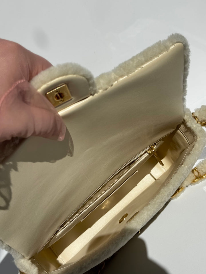 Chanel Ecru Shearling Lambskin Medium CC Chains Flap Bag