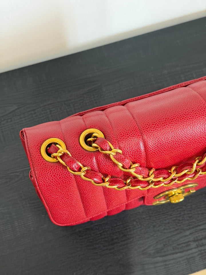 Chanel Vertical Flap Jumbo Red Caviar 24K Gold Plated Hardware 1994