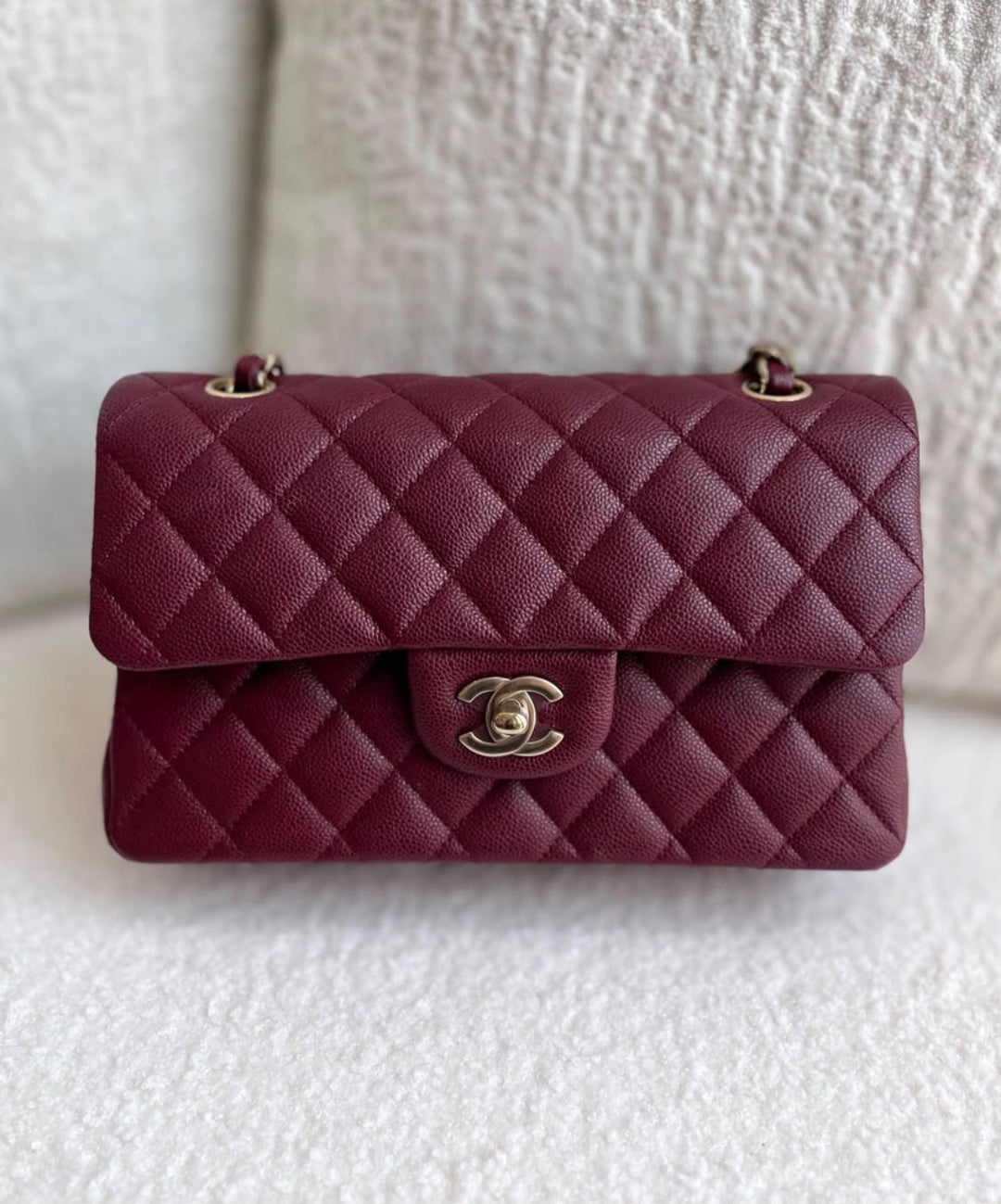 Chanel Small Classic Double Flap Caviar Burgundy Light Gold Hardware 2023