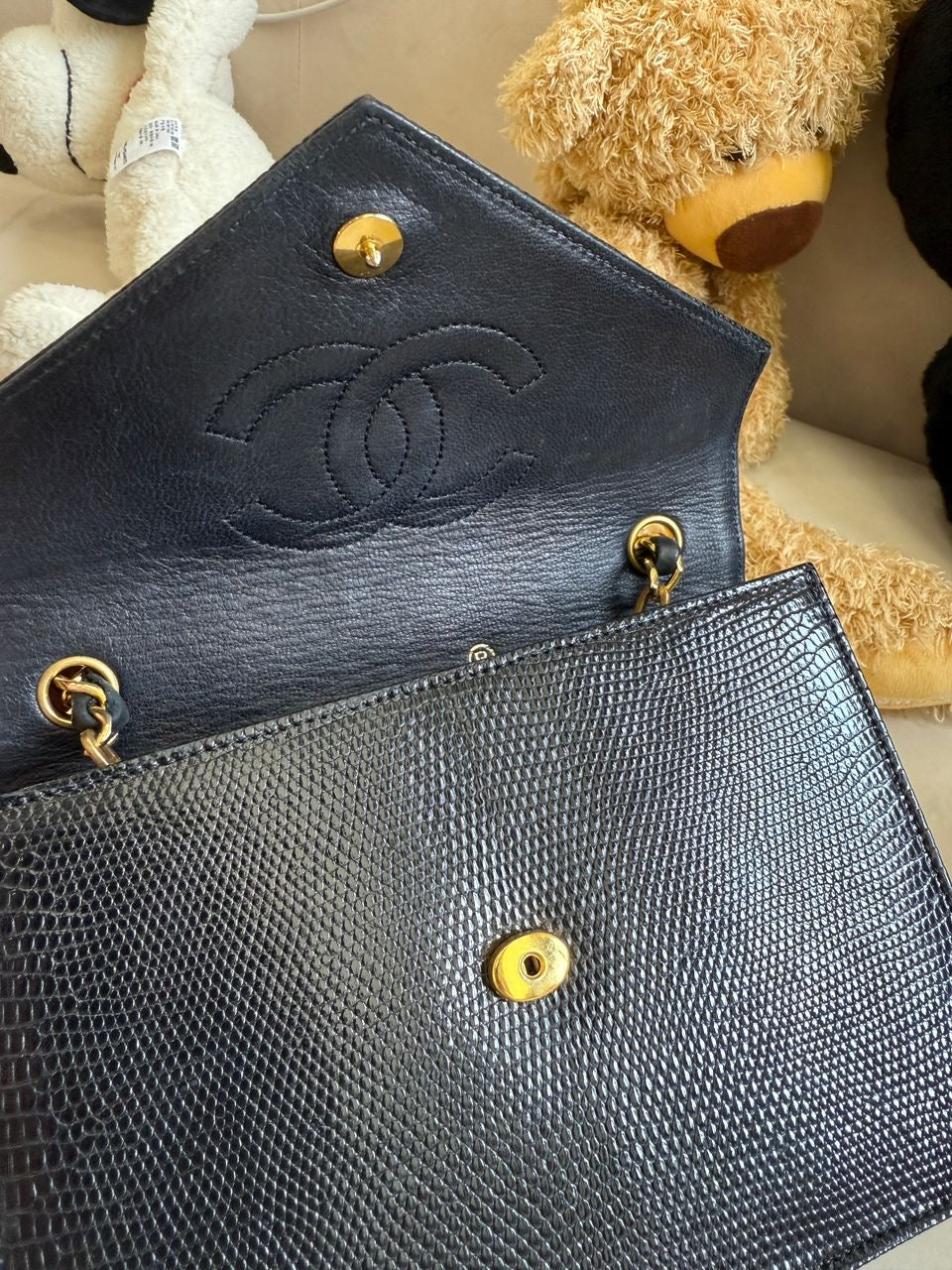 Chanel 1991 Black Lizard CC Envelope Flap Bag