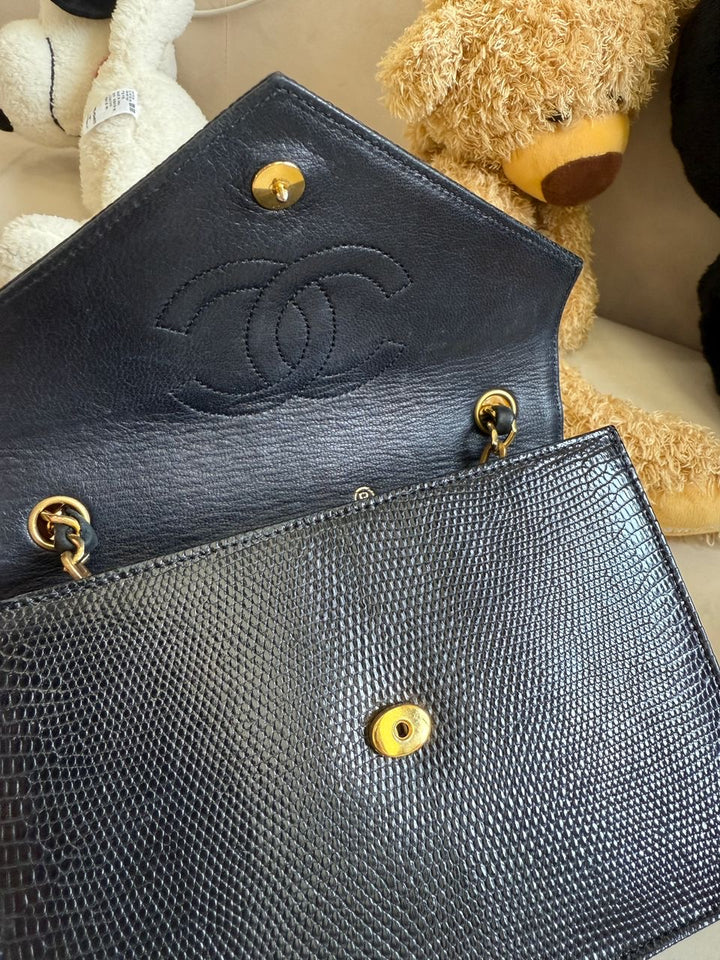 Chanel 1991 Black Lizard CC Envelope Flap Bag