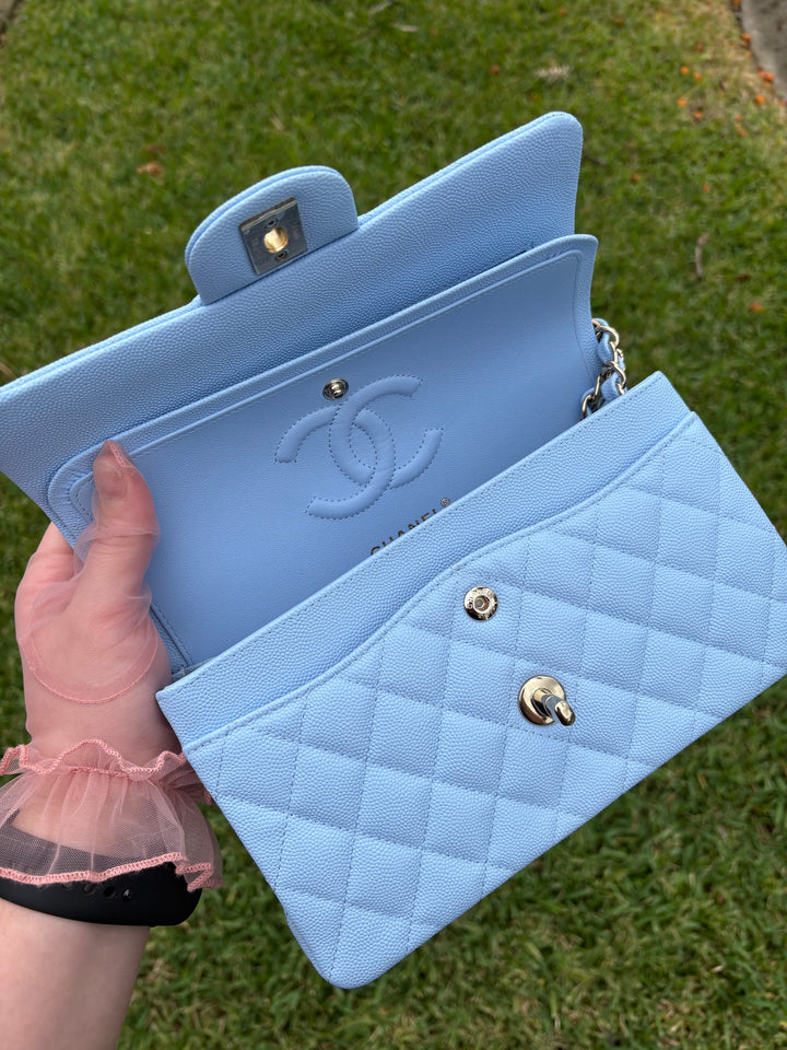 Chanel Small Classic Double Flap Caviar Light Blue Light Gold Hardware 2023