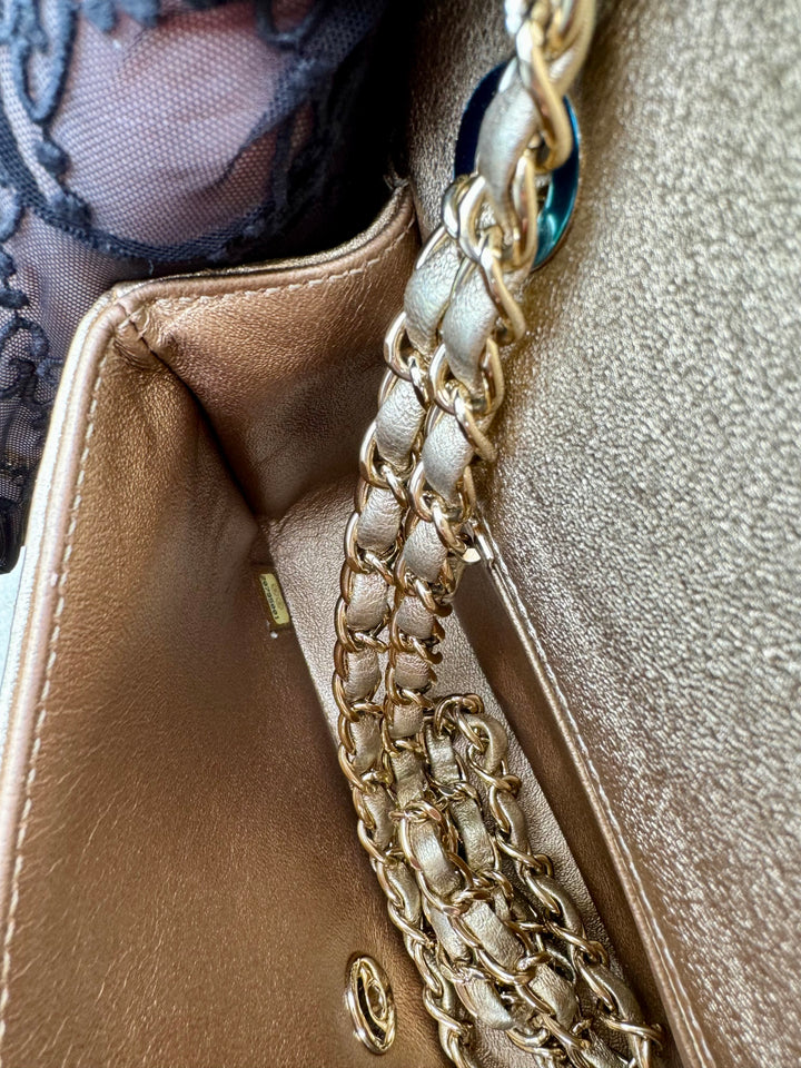 Chanel Metallic Gold Lambskin Camellia Rose Appliqué Medium Flap Bag
