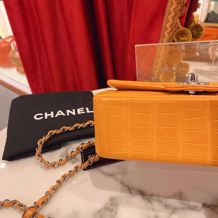 Chanel Orange Matte Croc Mini Flap Silver Hardware 2014