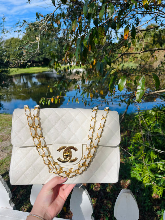 Chanel 1994 Vintage White Caviar Flap Bag 24K GHW