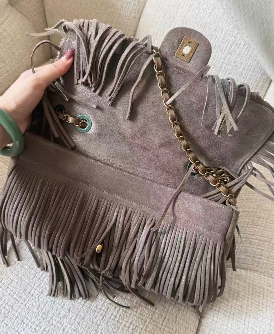 Chanel Paris-Dallas Medium Fringe Flap Bag Taupe Suede Calfskin Antique Gold Tone Hardware 2014