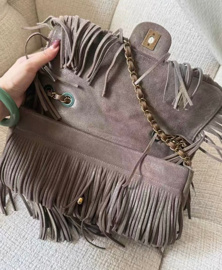 Chanel Paris-Dallas Medium Fringe Flap Bag Taupe Suede Calfskin Antique Gold Tone Hardware 2014