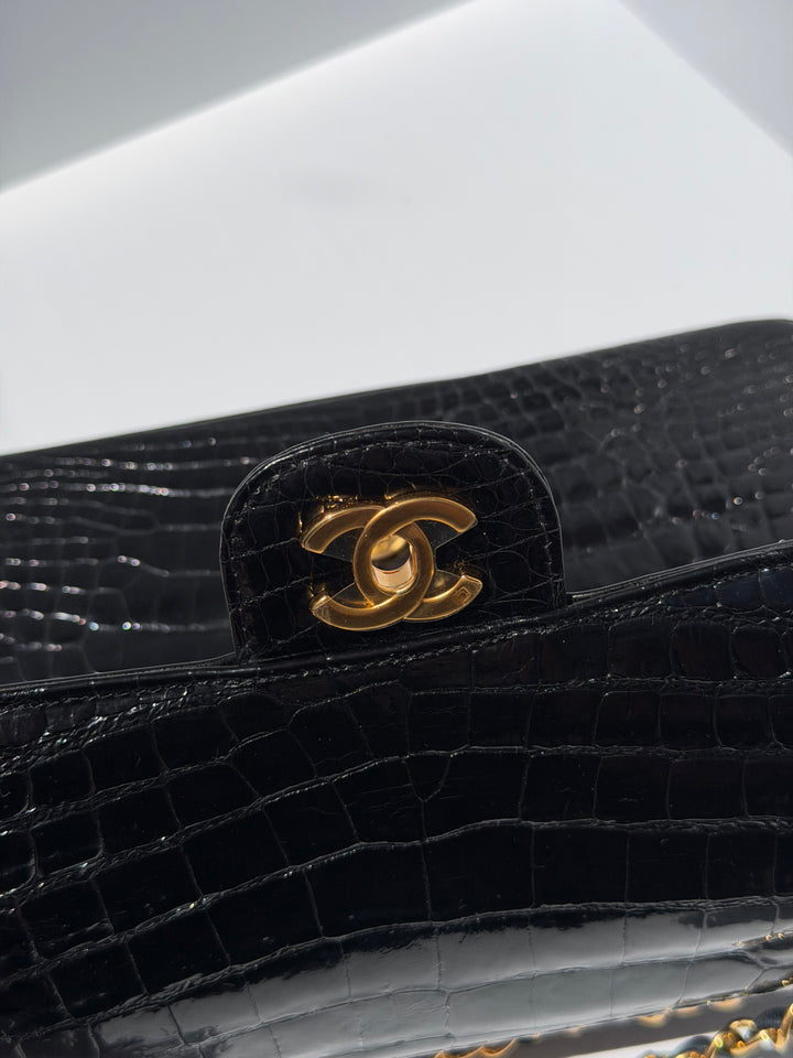 Chanel Medium Classic Flap Bag Alligator Black 24K Plated Gold Hardware 1997