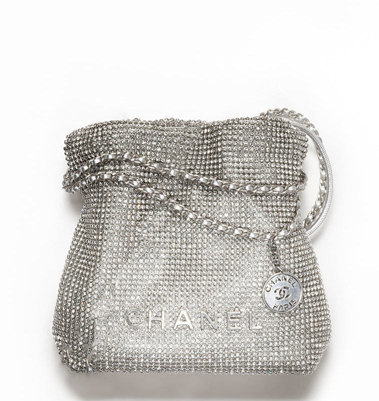 Chanel Mini Chanel 22 Crystal Embellished Metallic Lambskin Silver Silver Hardware