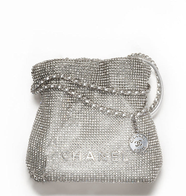 Chanel Mini Chanel 22 Crystal Embellished Metallic Lambskin Silver Silver Hardware