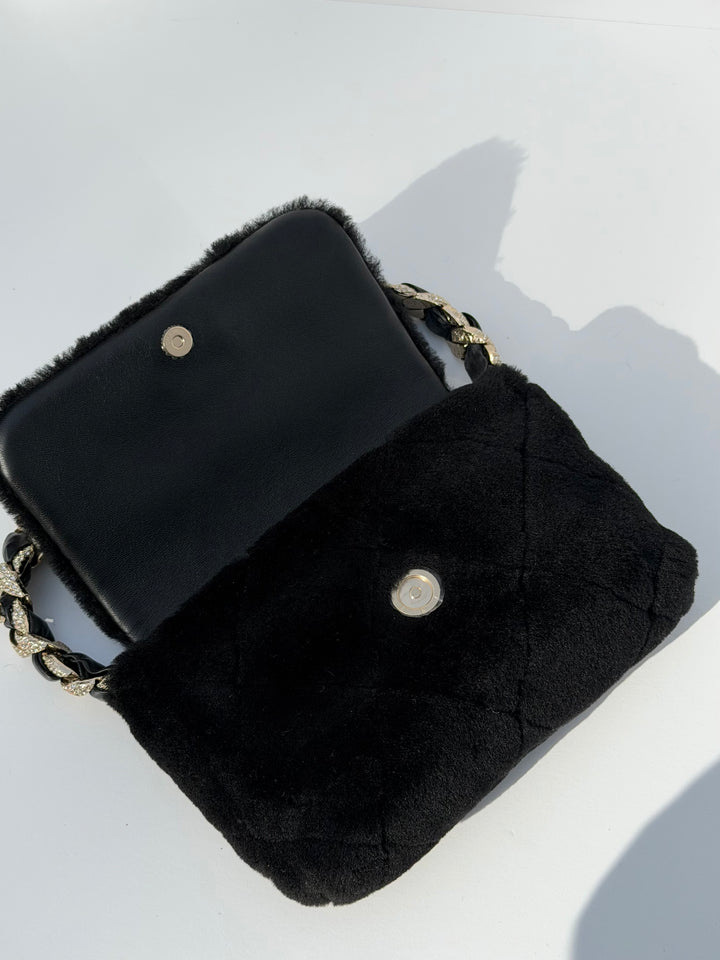 Chanel 2020 Shearling & Strass Black Flap Bag