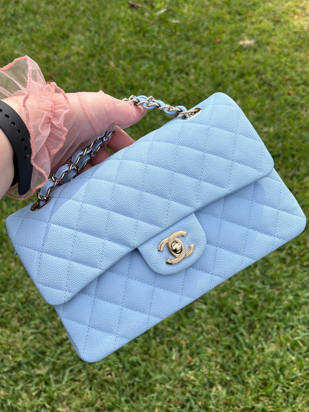 Chanel Small Classic Double Flap Caviar Light Blue Light Gold Hardware 2023