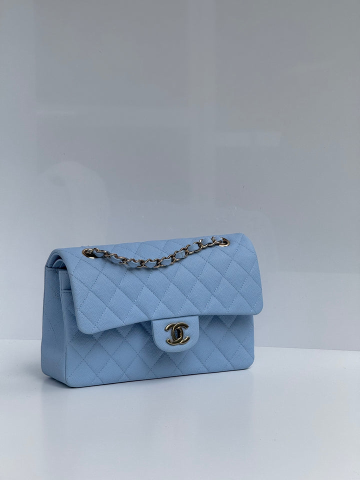 Chanel Small Classic Double Flap Caviar Light Blue Light Gold Hardware 2023