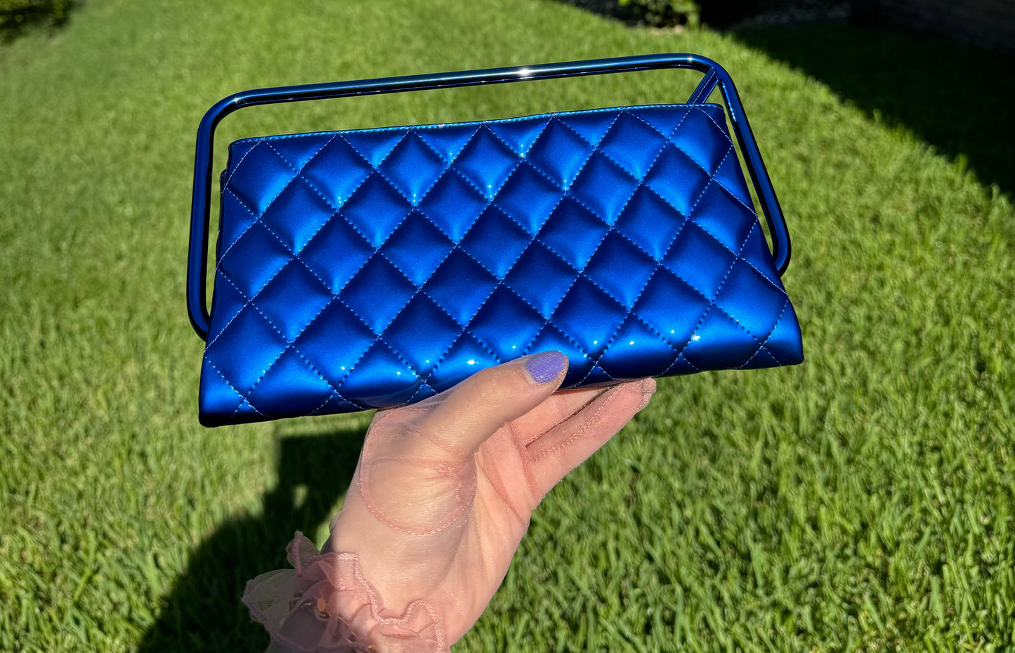 Chanel Classic Flap Patent Metallic Blue Frame Clutch