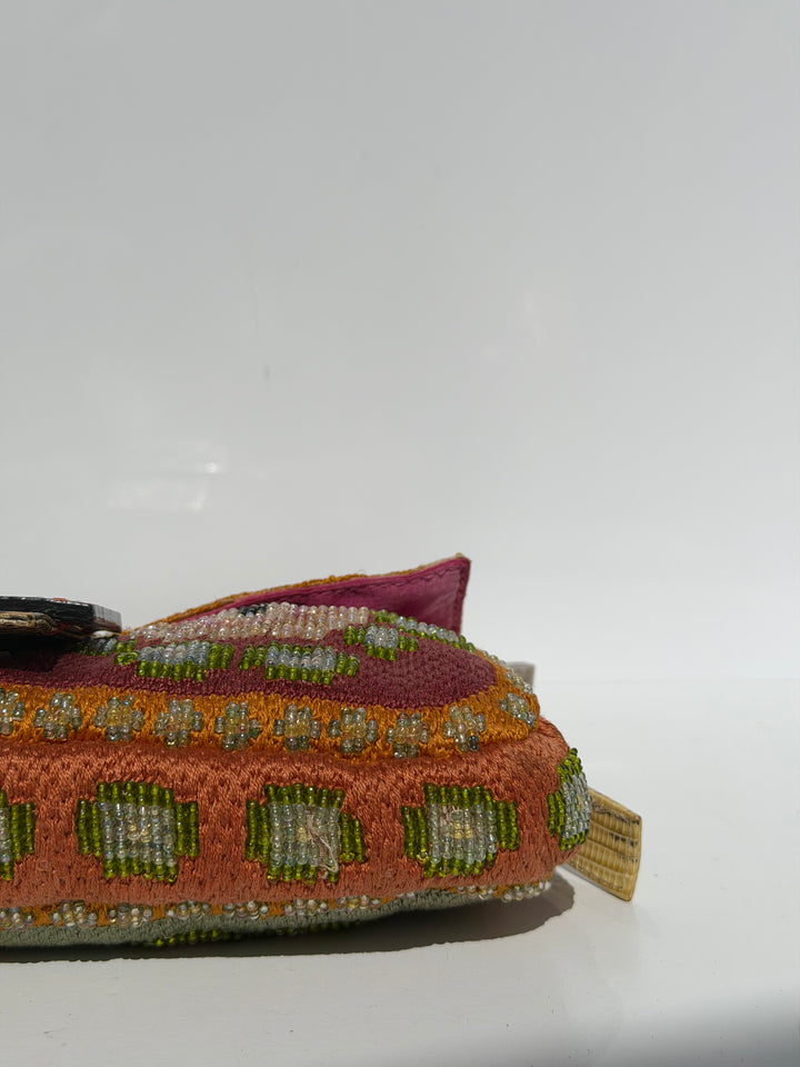 Fendi Multicolor Orange Beaded Baguette Lizard Trim Silver Hardware