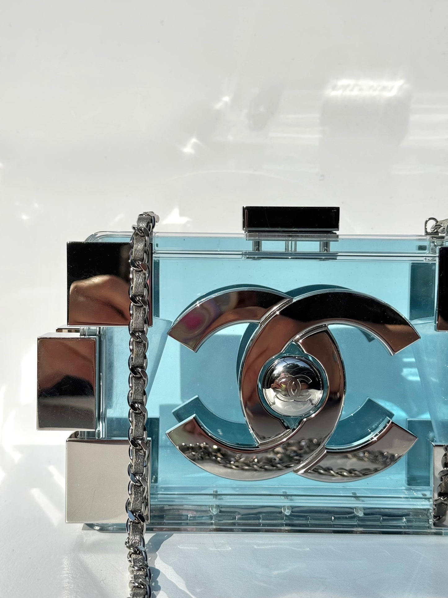 Chanel Plexiglass Blue & Silver Barcode Lego Minaudiere