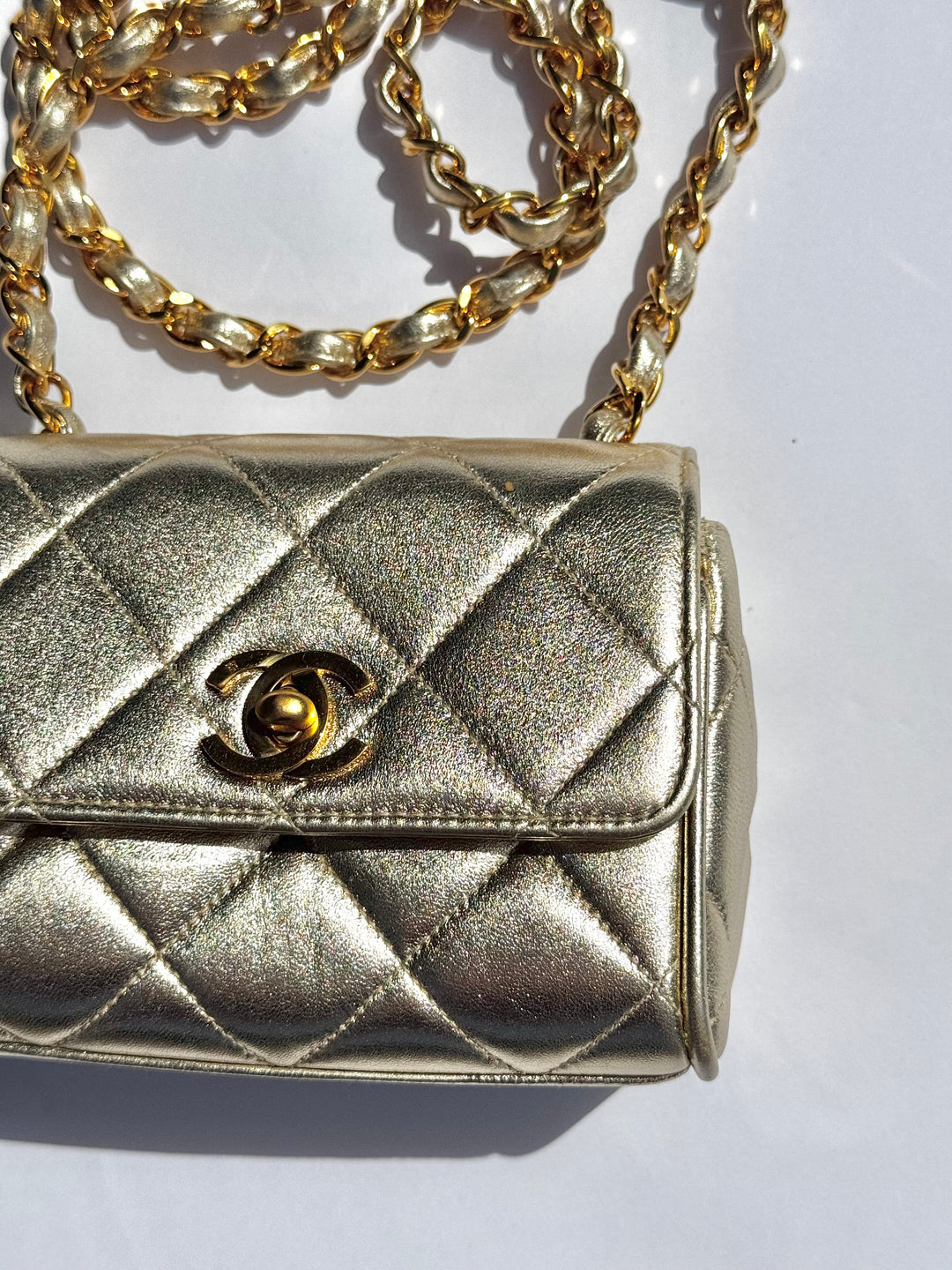 Chanel 1994 Vintage Metallic Gold Extra Mini Flap Bag