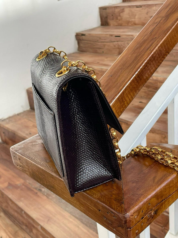 Chanel Small Trapezoid Flap Bag Burgundy Lizard Leather Gold Hardware With Bijoux Chain 1989