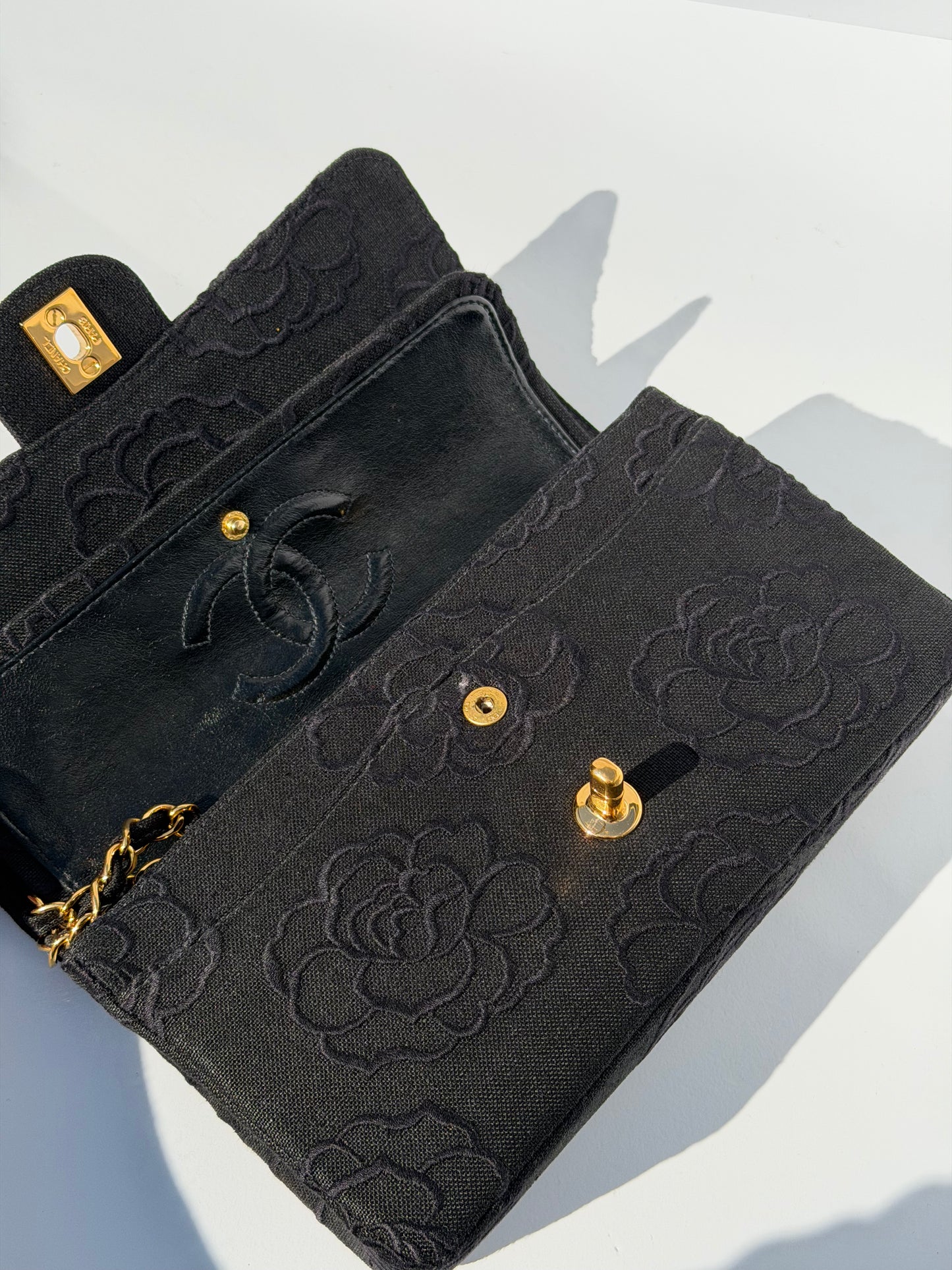 Chanel 1997 Small 24K Black Camellia Classic Flap Bag