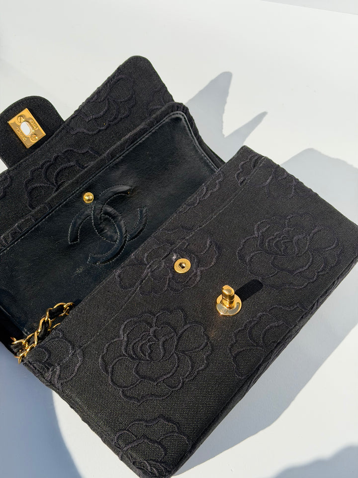 Chanel 1997 Small 24K Black Camellia Classic Flap Bag