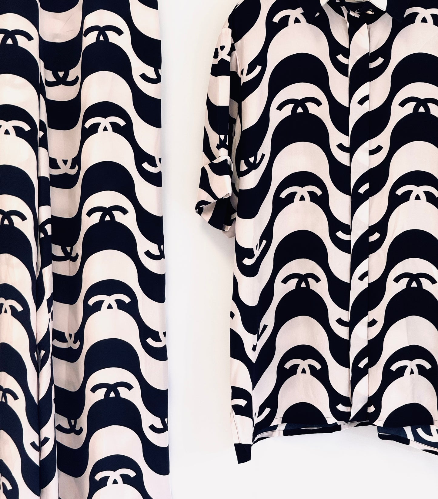 Chanel 2021 Black & White Silk Wave Shirt & Pants Set